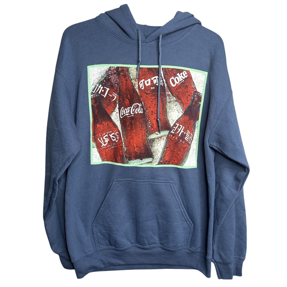 Coca Cola Hoodie Men's Size M Blue Its The Real Thing Bottles Graphic Sweatshirt